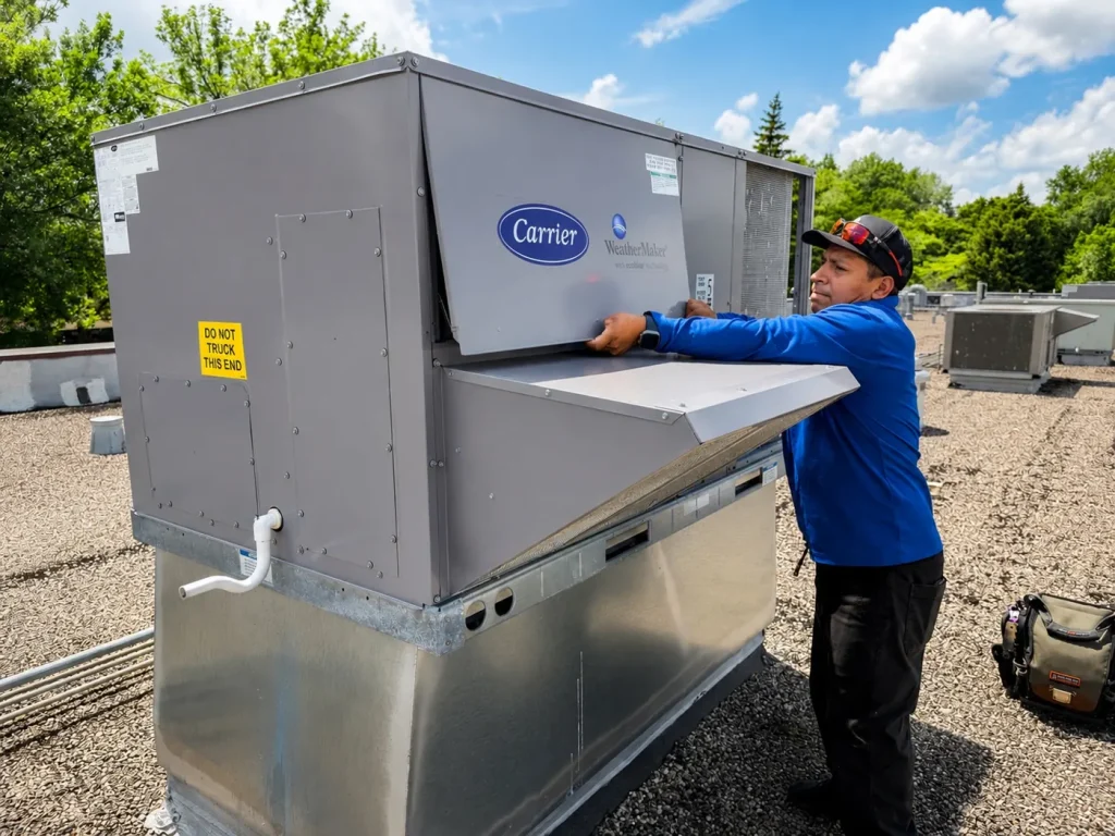 Commercial HVAC technician servicing a rooftop unit in Minneapolis Minnesota